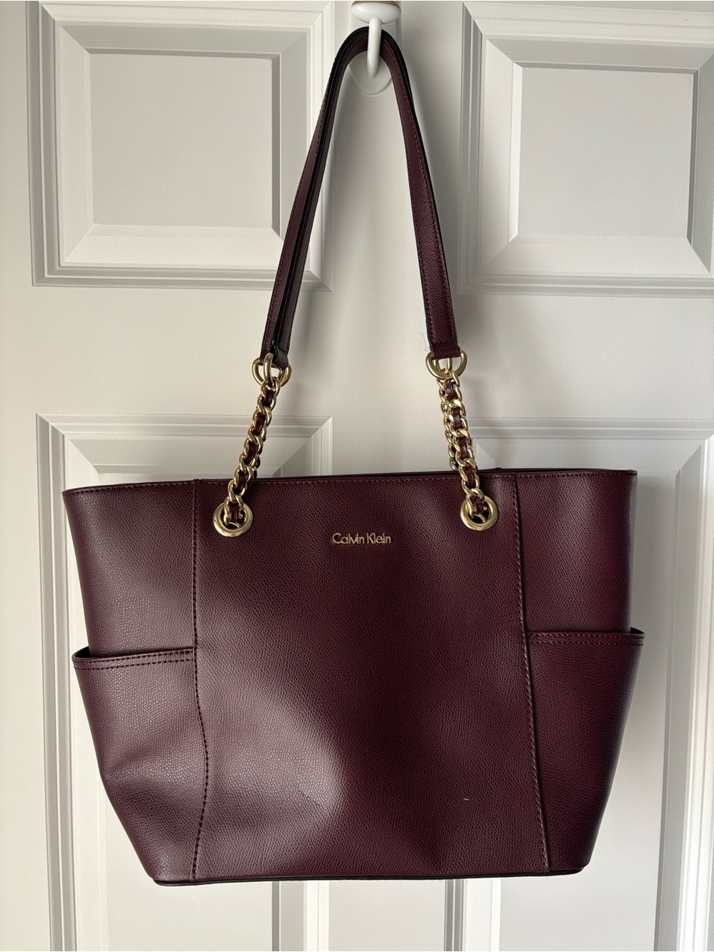 Calvin Klein Deep Wine Tote with Gold Chain Handles